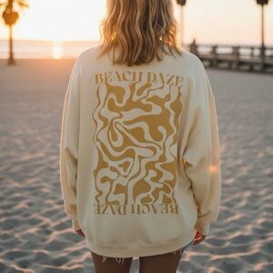 AERIE y2k Beach Daze Oversized Summer Sweatshirt Yellow Graphic Sweater Top S